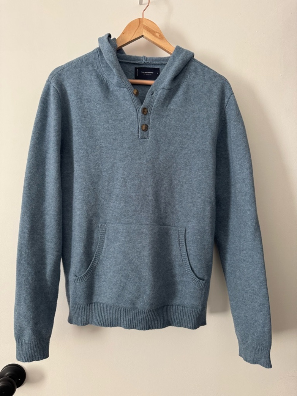 Lucky Brand Hooded Sweater Mens Small Blue Henley Knit Pullover Kangaroo Pocket